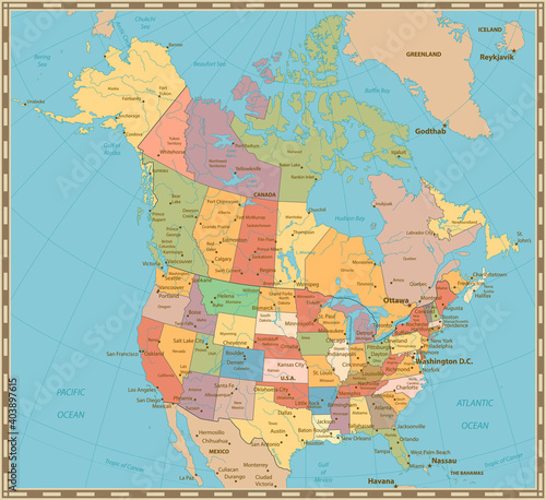 Old vintage color political map of USA and Canada