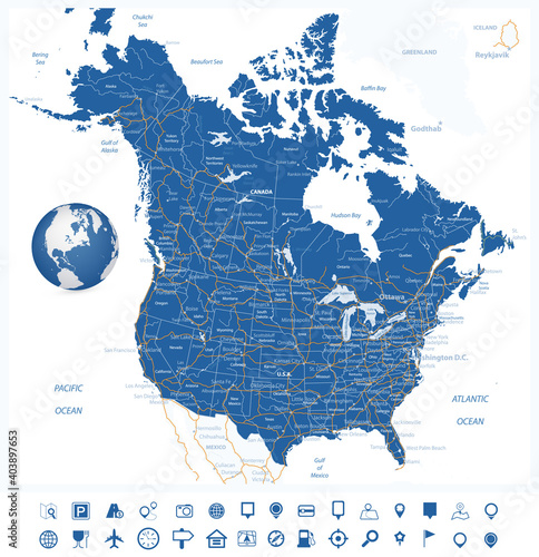 USA and Canada road map and navigation icons