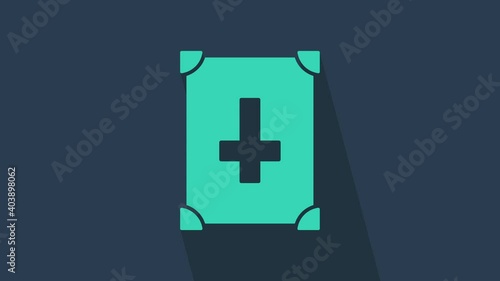 Turquoise Ancient magic book with alchemy recipes and mystic spells and enchantments icon isolated on blue background. 4K Video motion graphic animation.