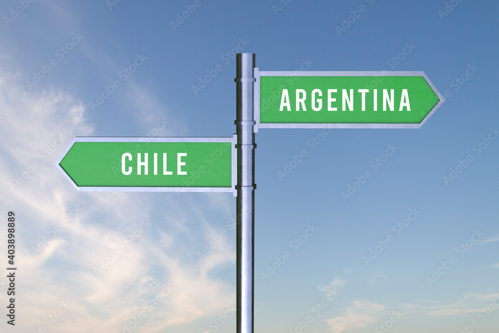Sign indicating the direction of the borders between two countries ARGENTINA,CHILE, 3d render. Sign indicating the direction of the borders between two countries ARGENTINA,CHILE, 3d render.