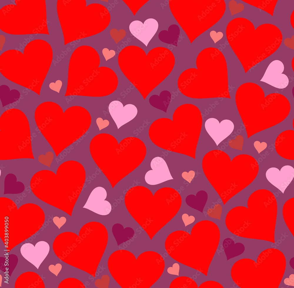 Valentine's day background with red and pink hearts on a Burgundy background. Seamless background.