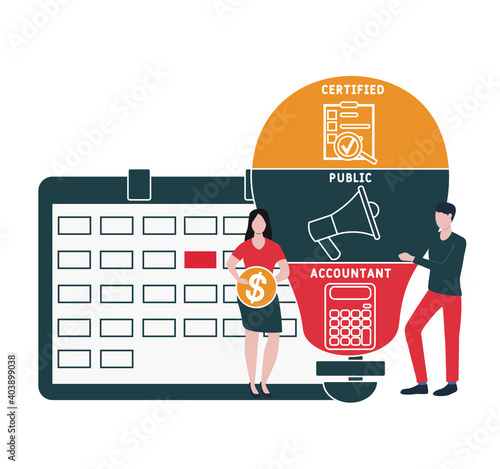 Flat design with people. CPA - Certified Public Accountant acronym, business concept background.   Vector illustration for website banner, marketing materials, business presentation, online advertisin