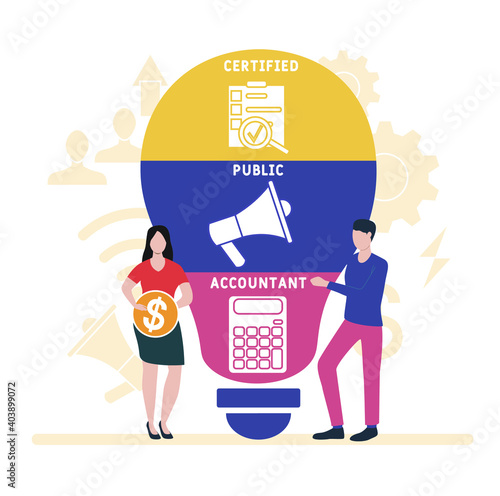 Flat design with people. CPA - Certified Public Accountant acronym, business concept background.   Vector illustration for website banner, marketing materials, business presentation, online advertisin