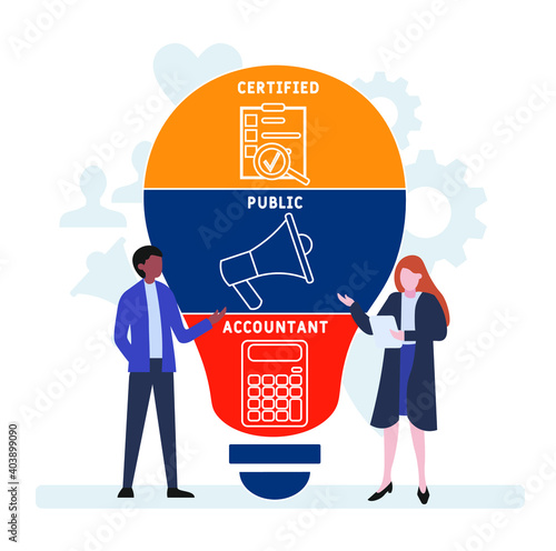 Flat design with people. CPA - Certified Public Accountant acronym, business concept background.   Vector illustration for website banner, marketing materials, business presentation, online advertisin