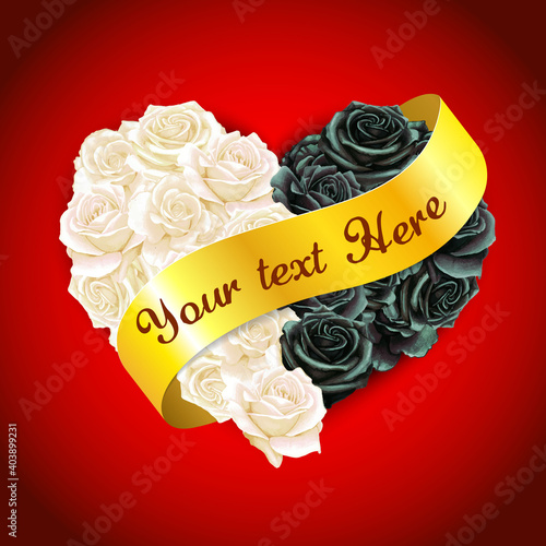 Elegant watercolor heart rose pillow with golden ribbon banner