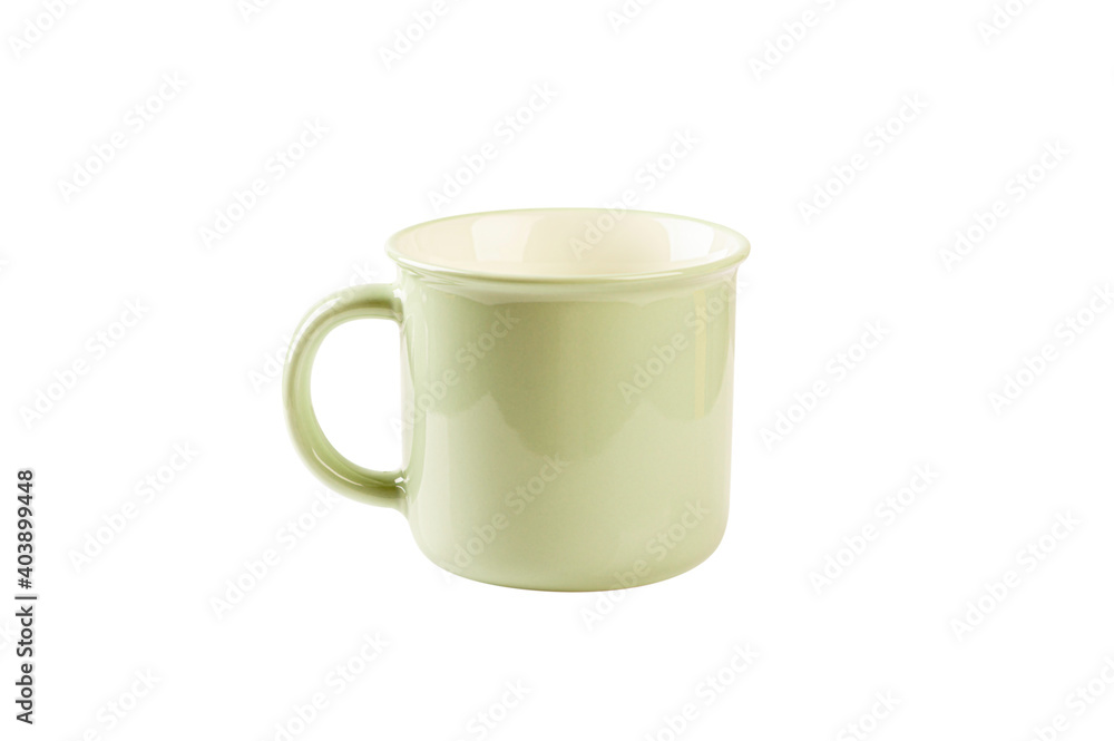 Light green enamel mug isolated on white background.
Light green enamel mug isolated on white background.