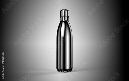 Silver Empty Glossy Metal Reusable Water Bottle with Silver Bung Set Closeup Isolated on White Background Packaging Mockup