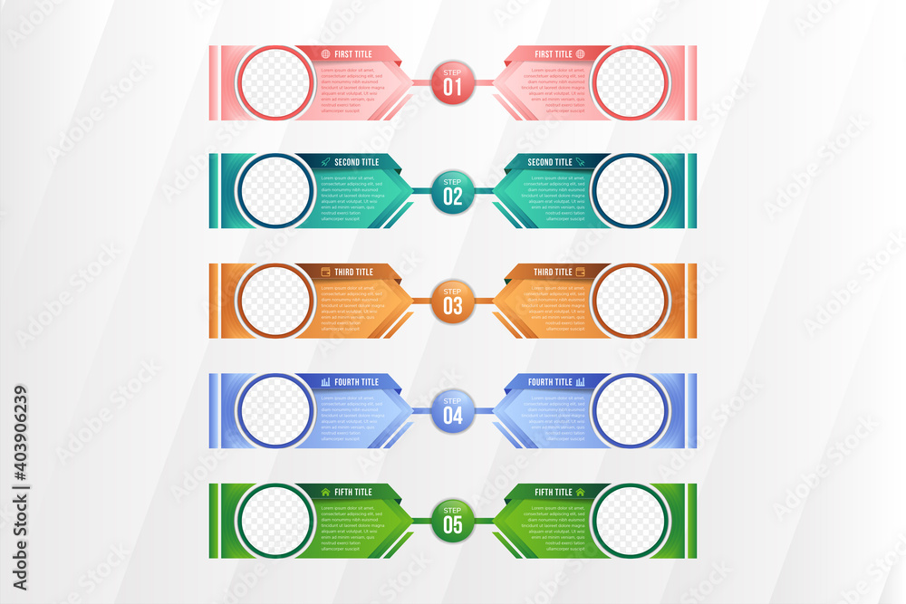 Vertical layout progress bar with 5 overlapped arrow-like elements ...