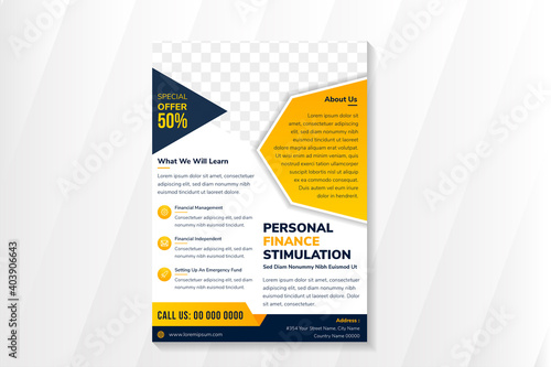 personal finance stimulation flyer template design use vertical layout. white background with polygonal shape of blue and yellow element. Space for photo collage.