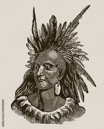 Head of historic Seneca chief and orator Red Jacket after engraving from 19th century, isolated on pale brown background
