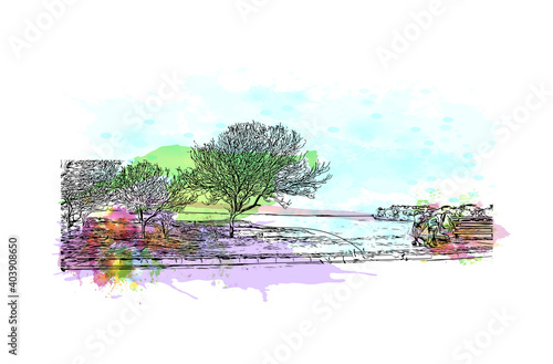 Building view with landmark of Dar Es Salaam is the city of Tanzania. Watercolour splash with hand drawn sketch illustration in vector.