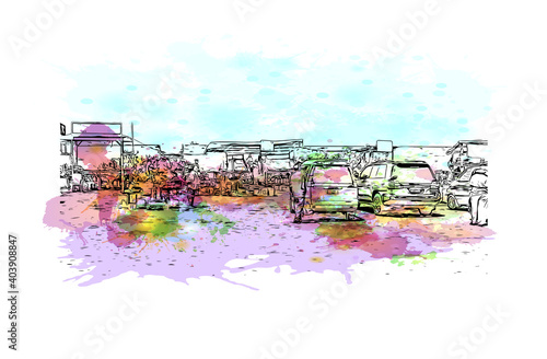 Building view with landmark of Dar Es Salaam is the city of Tanzania. Watercolour splash with hand drawn sketch illustration in vector.