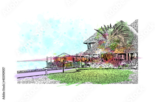 Building view with landmark of Dar Es Salaam is the city of Tanzania. Watercolour splash with hand drawn sketch illustration in vector.