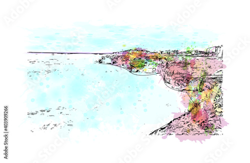 Building view with landmark of Dar Es Salaam is the city of Tanzania. Watercolour splash with hand drawn sketch illustration in vector.