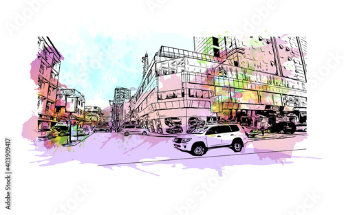 Building view with landmark of Dar Es Salaam is the city of Tanzania. Watercolour splash with hand drawn sketch illustration in vector.