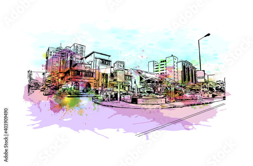 Building view with landmark of Dar Es Salaam is the city of Tanzania. Watercolour splash with hand drawn sketch illustration in vector.
