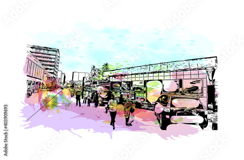Building view with landmark of Dar Es Salaam is the city of Tanzania. Watercolour splash with hand drawn sketch illustration in vector.