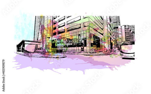 Building view with landmark of Dar Es Salaam is the city of Tanzania. Watercolour splash with hand drawn sketch illustration in vector.