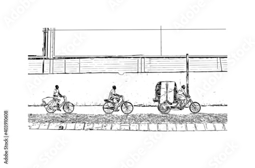 Building view with landmark of Dar Es Salaam is the city of Tanzania. Hand drawn sketch illustration in vector.
