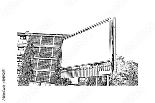 Building view with landmark of Dar Es Salaam is the city of Tanzania. Hand drawn sketch illustration in vector.