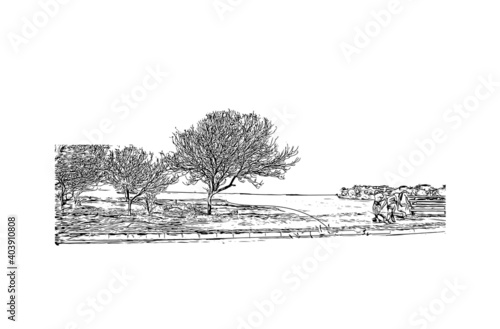 Building view with landmark of Dar Es Salaam is the city of Tanzania. Hand drawn sketch illustration in vector.