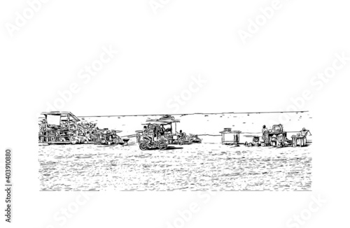 Building view with landmark of Dar Es Salaam is the city of Tanzania. Hand drawn sketch illustration in vector.