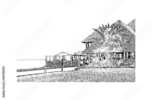 Building view with landmark of Dar Es Salaam is the city of Tanzania. Hand drawn sketch illustration in vector.