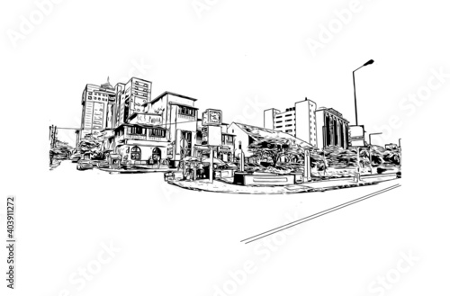 Building view with landmark of Dar Es Salaam is the city of Tanzania. Hand drawn sketch illustration in vector.