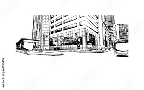 Building view with landmark of Dar Es Salaam is the city of Tanzania. Hand drawn sketch illustration in vector.