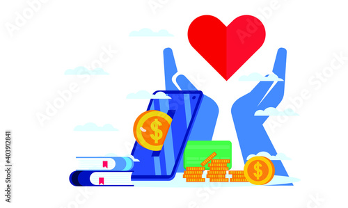 online donation charity with smart phone smart app mini atm or edc with big heart and big hands flat illustration design