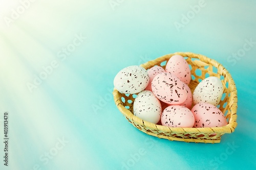 bright easter eggs on a blue plain surface  easter decor