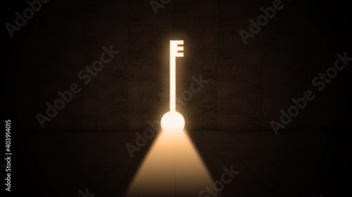 Concrete dark room with keyhole light door. creative surreal door concept. empty grunge room with light glow key as a doorway or exit from dark to light side . conceptual idea  