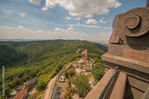 Aerial view shot of Kyffhauserdenkmal mit Kaiser Barbarossa in Kyffhauserland. photo