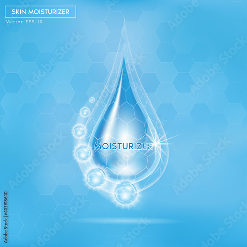 Moisturizing cosmetic ads template, cosmetic mockup with sparkling water drop over blue background. Vector EPS10