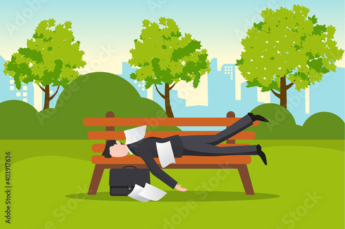 a jobless vector graphic with desperate man lying on a bench.