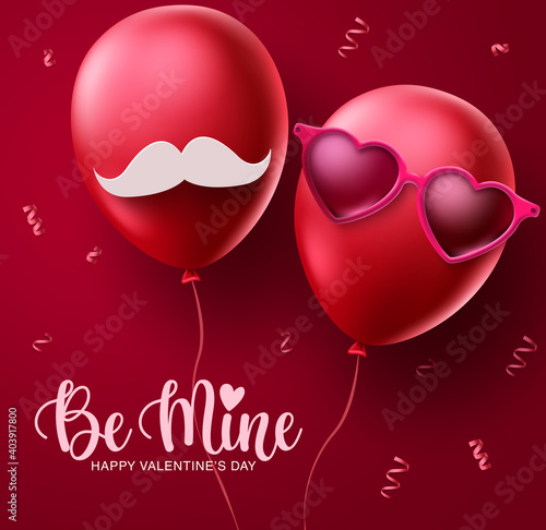 Valentines couple balloons vector concept design. Happy valentines be mine text with red lovers balloon decoration elements in red background. Vector illustration
