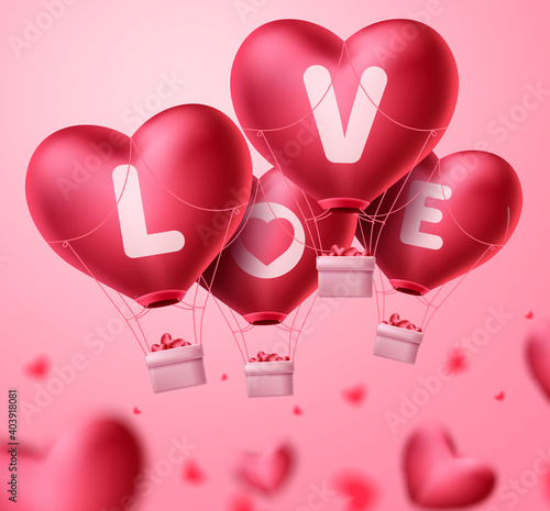Love heart balloons for valentine's day concept design. Bunch of red heart balloons element floating in blurred background. Vector illustration.
