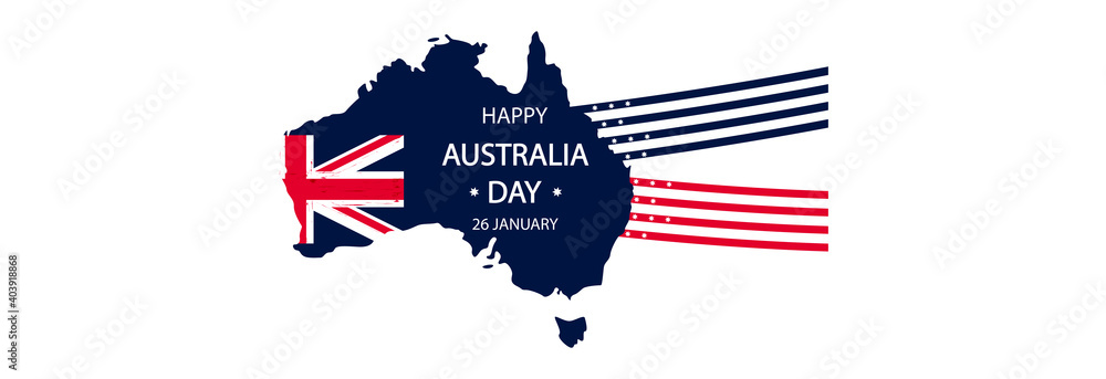 Blue map with flag, Happy Australia Day on a white background.