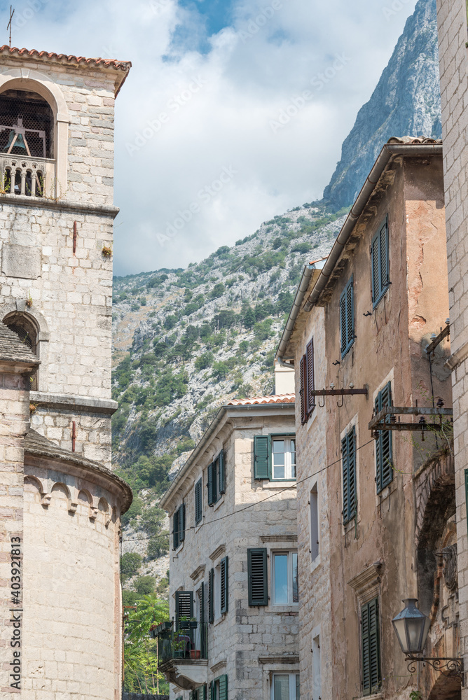 Kotor Old Town buildings and surrounding mountains,Kotor municipality,Montenegro.