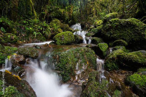 Fototapeta Naklejka Na Ścianę i Meble -  A long exposure of a New Zealand waterfall and river in the Tararua ranges