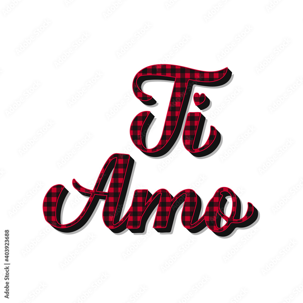 Ti Amo calligraphy hand lettering. Red buffalo pattern. I Love You in Italian. Valentines day typography poster. Vector template for banner, postcard, greeting card, t shirt, flyer, sticker, etc Ti Amo calligraphy hand lettering. Red buffalo pattern. I Love You in Italian. Valentines day typography poster. Vector template for banner, postcard, greeting card, t shirt, flyer, sticker, etc