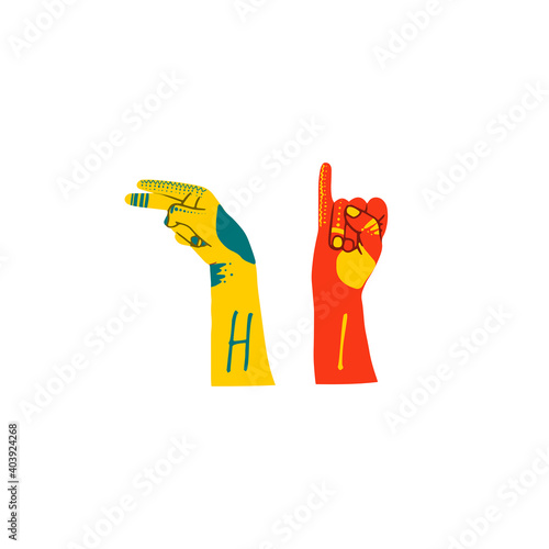American sign language lettering hi. ASL vector illustration. Perfect for sublimation printing on t shirt, mug, dish towel, for poster, card web design and more