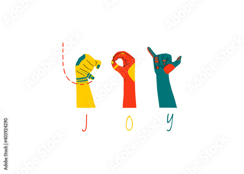American sign language lettering joy. ASL vector illustration. Perfect for sublimation printing on t shirt, mug, dish towel, for poster, card web design and more