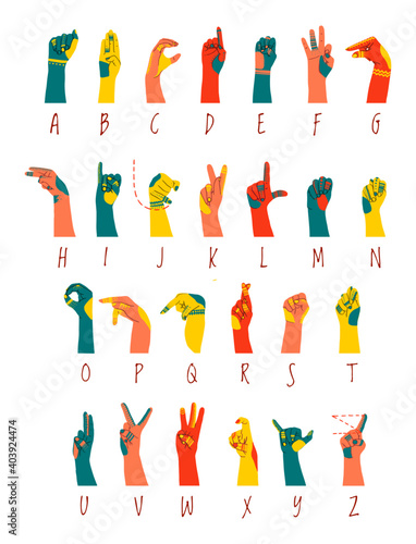 American sign language alphabet horizontal poster with many races hands. Different skin colors vector illustration for ASL education poster, card, brochure, canvas, website, books