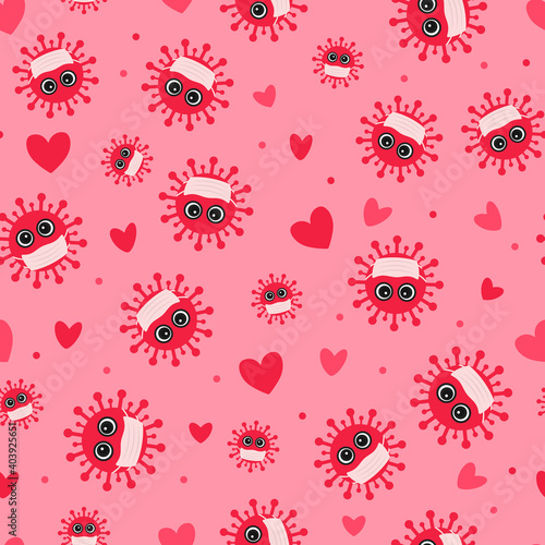 Covid Valentines Day seamless pattern. Cute virus wearing protective mask. Coronavirus pandemic concept. Social distancing love vector background for cards, fabric, textile, wrapping paper, etc