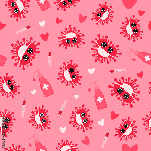 Pandemic Covid Valentines Day seamless pattern. Cute virus wearing protective mask. Coronavirus quarantine concept. Social distancing love vector background for cards, textile, fabric, wrapping paper