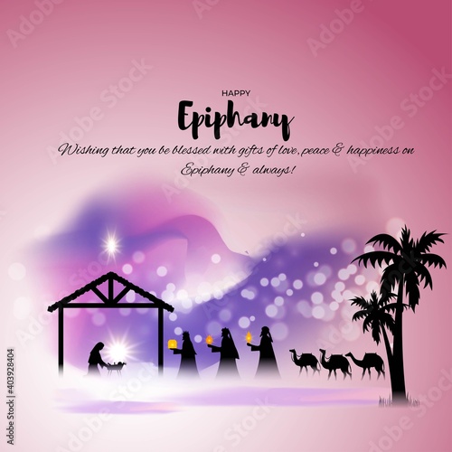 Vector illustration of Epiphany, christian festival, three wise men on camel, bright star, nativity of Jesus, bokeh background.
