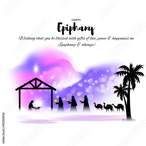Vector illustration of Epiphany, christian festival, three wise men on camel, bright star, nativity of Jesus, bokeh background.