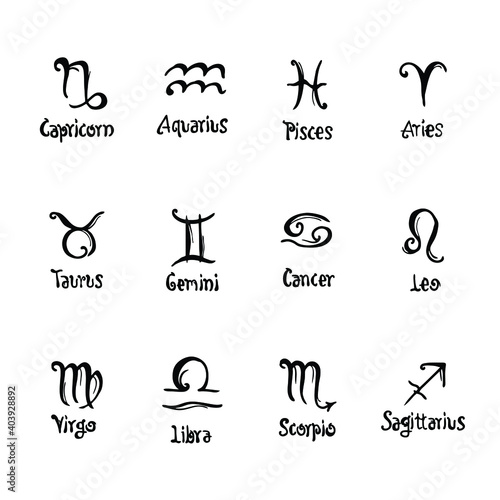Zodiac sign collection set design form motif black freehand illustration doodle drawing and typography  for horoscope astrology art work vector with white background 