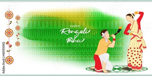 Vector illustration of Happy Rongali Bihu, Assamese New Year, Indian traditional festival, Harvest festival of Assam.